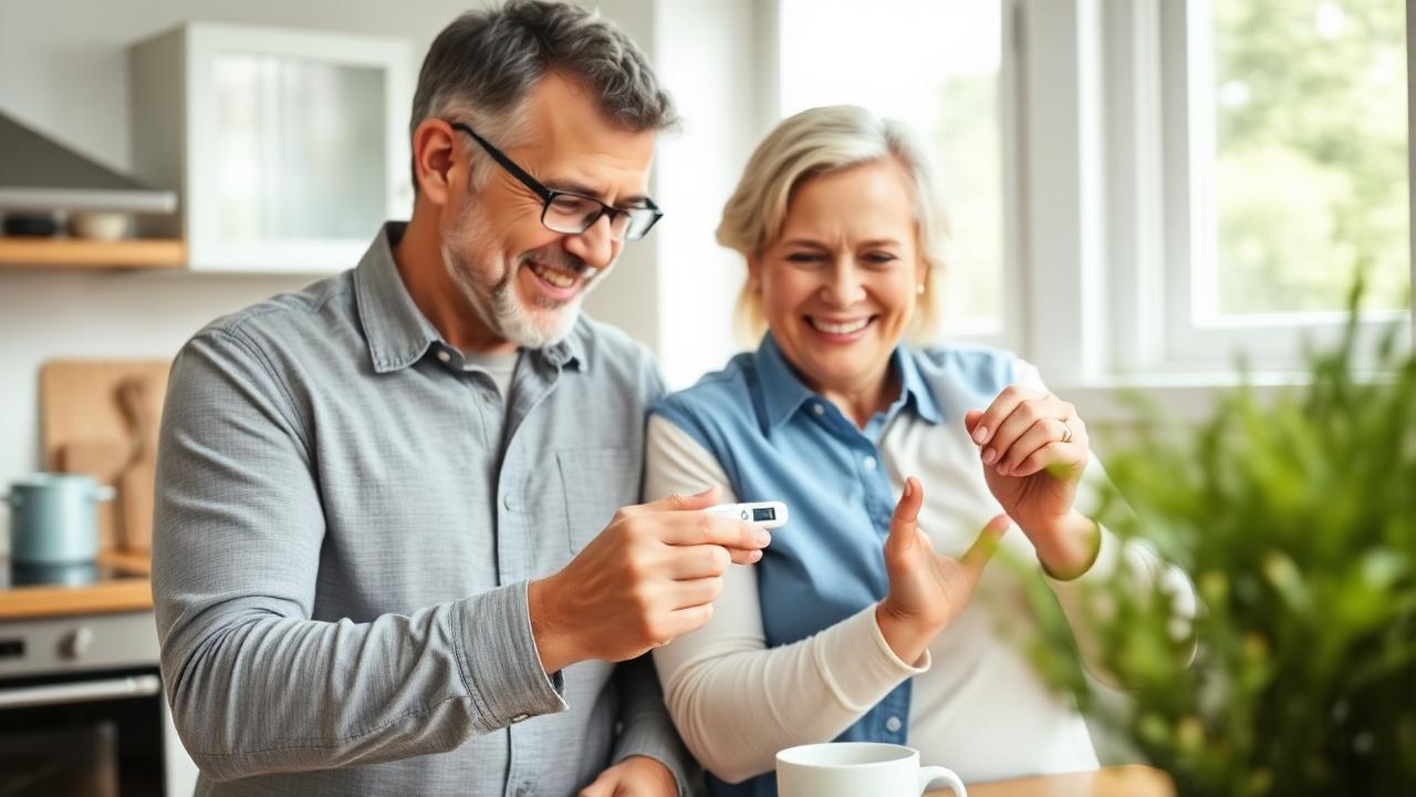 Happy couple monitoring healthy blood sugar levels together